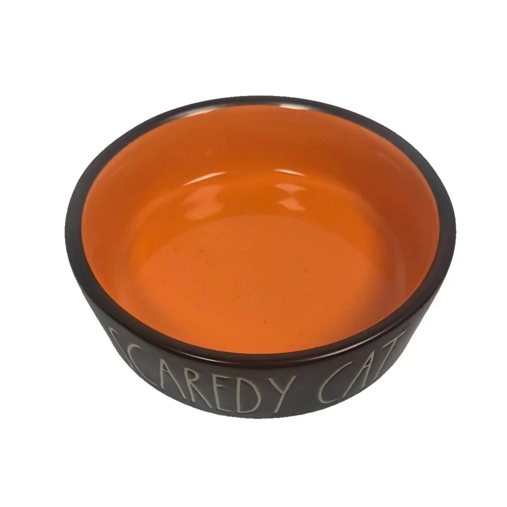 Rae Dunn SCAREDY CAT Black Orange Halloween Cat Pet Bowl Dish 5